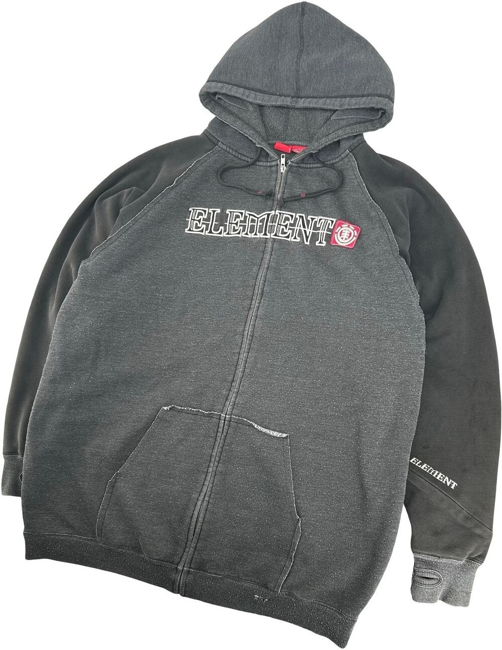 Vintage y2k Men's Grey Black Embroidered Element Full Zip Hoodie Sweatshirt 2XL